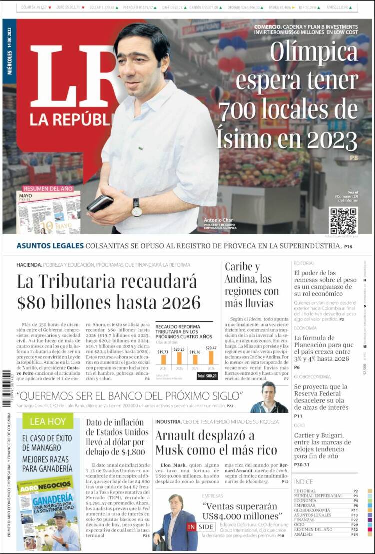 Portada de La Republica (Colombia)