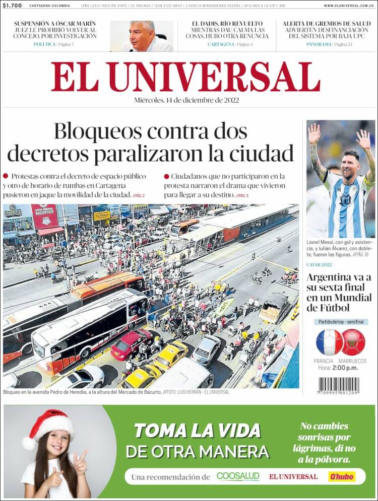 Portada de El Universal (Colombia)