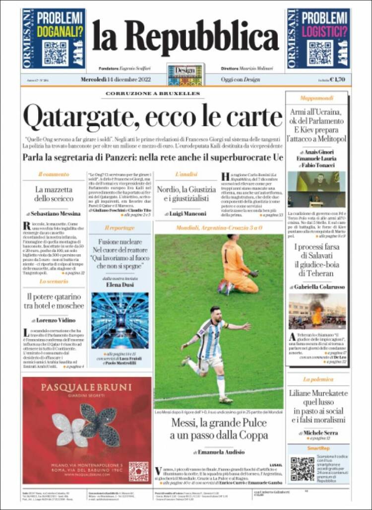Portada de La Repubblica (Italia)