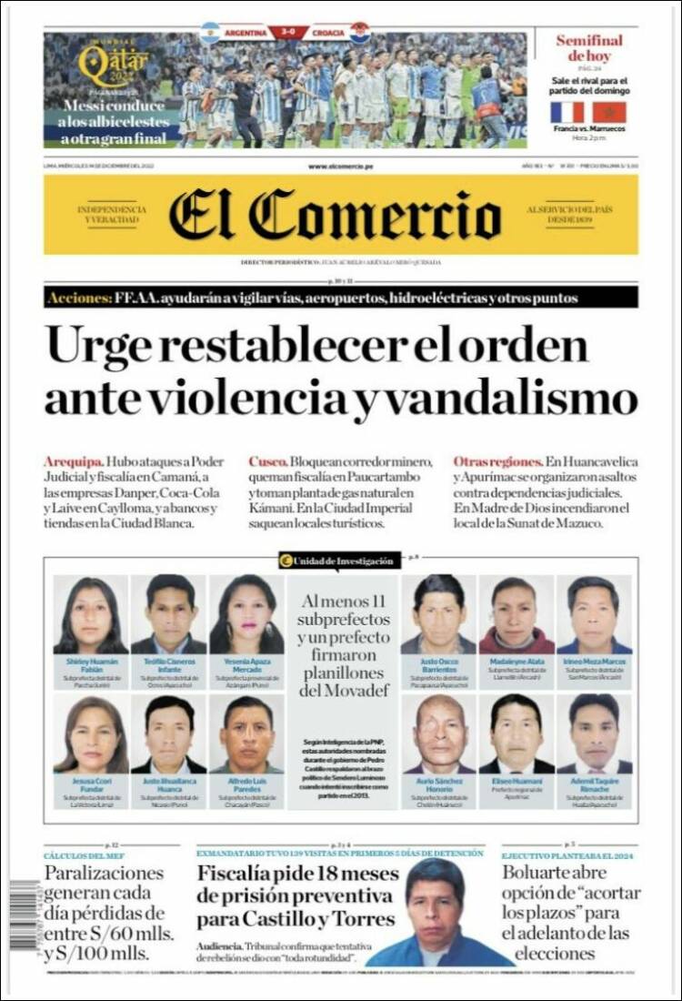 Portada de El Comercio (Per&uacute;)