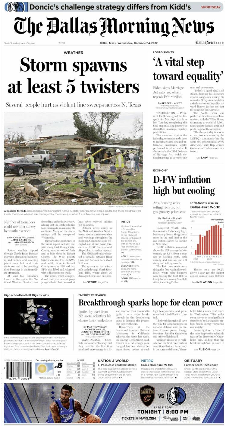 Portada de Dallas Morning News (USA)