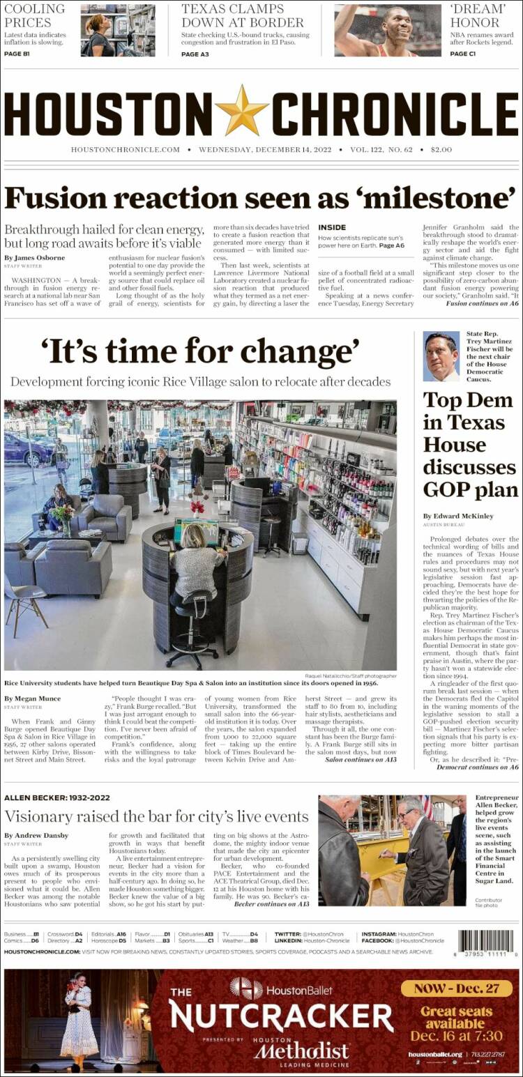 Portada de Houston Chronicle (USA)