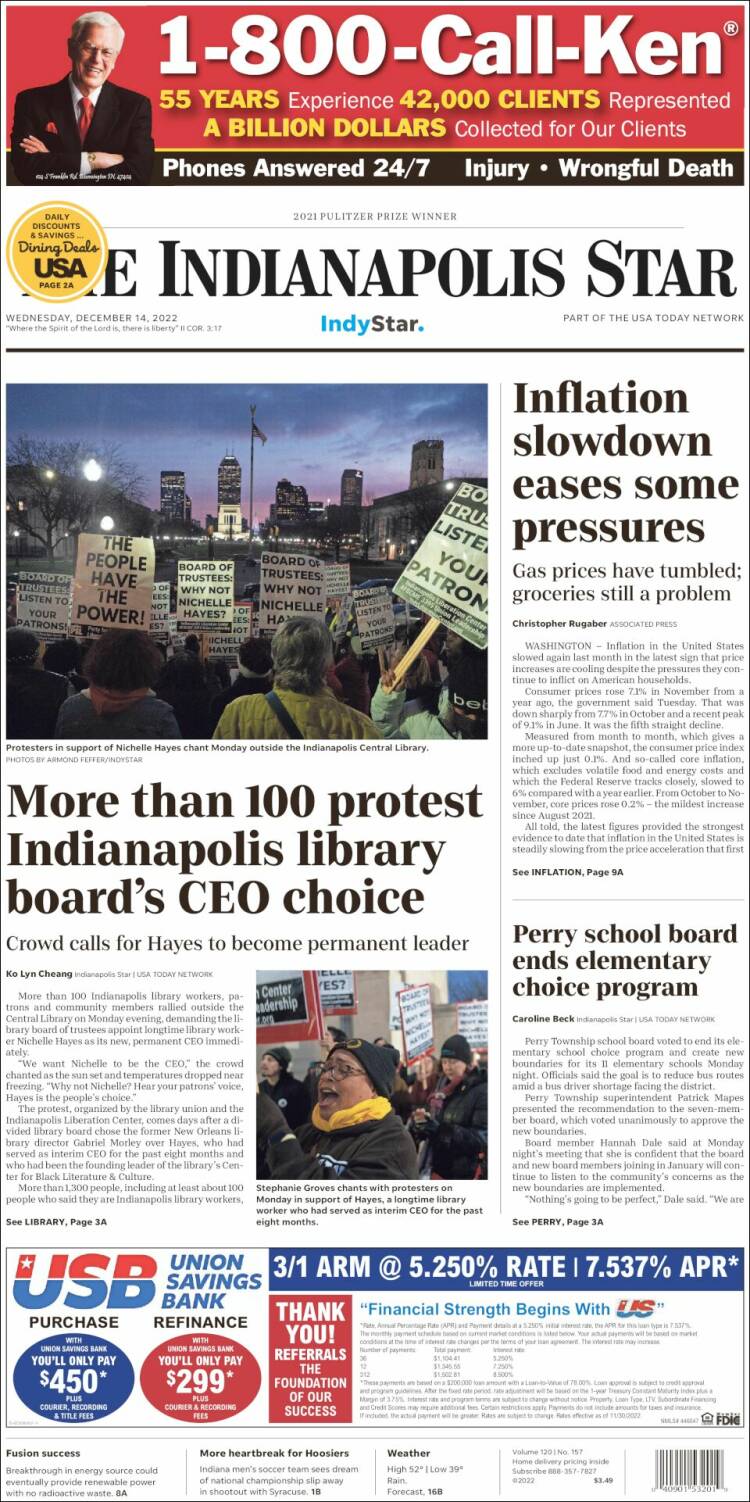 Portada de The Indianapolis Star (USA)