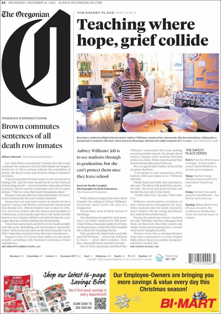 Portada de The Oregonian (USA)