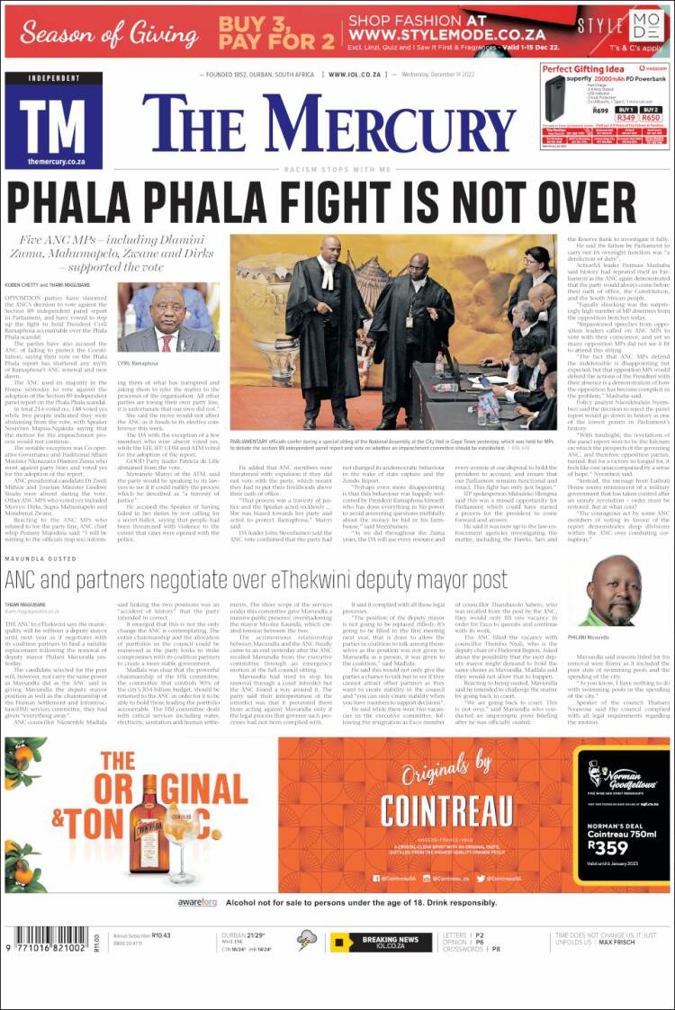 Portada de The Mercury (Sud&aacute;frica)