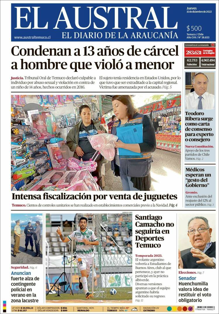 Portada de El Austral de Temuco (Chile)