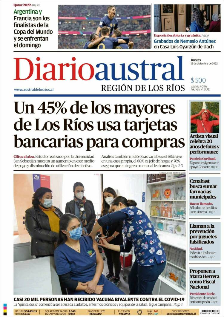 Portada de El Diario Austral de Valdivia (Chile)