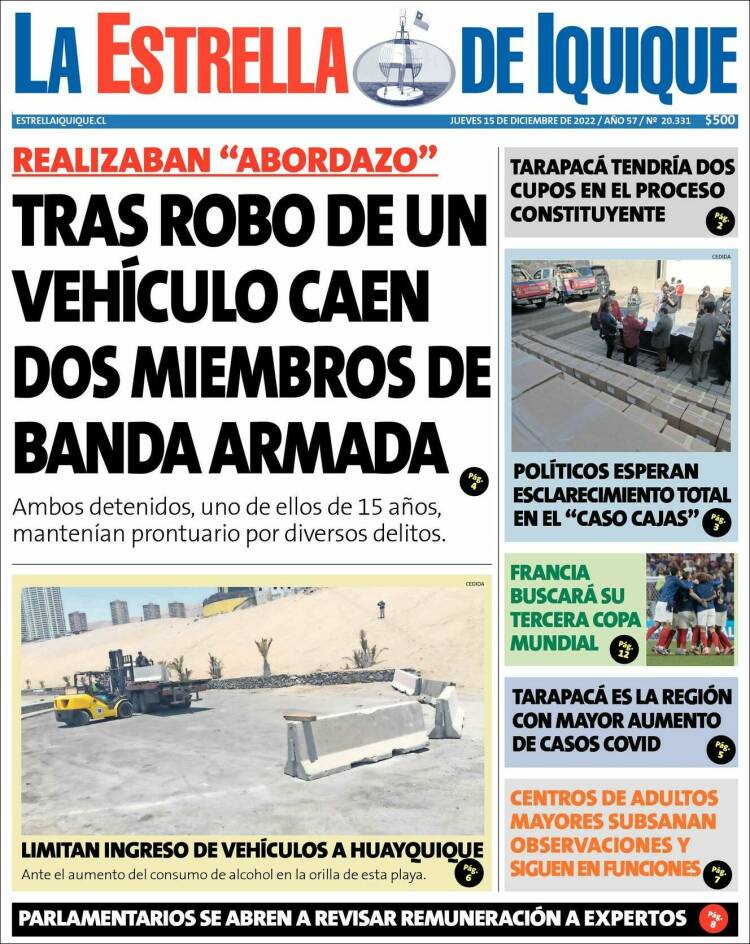 Portada de La Estrella de Iquique (Chile)