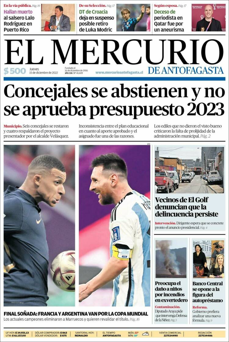 Portada de El Mercurio de Antofagasta (Chile)