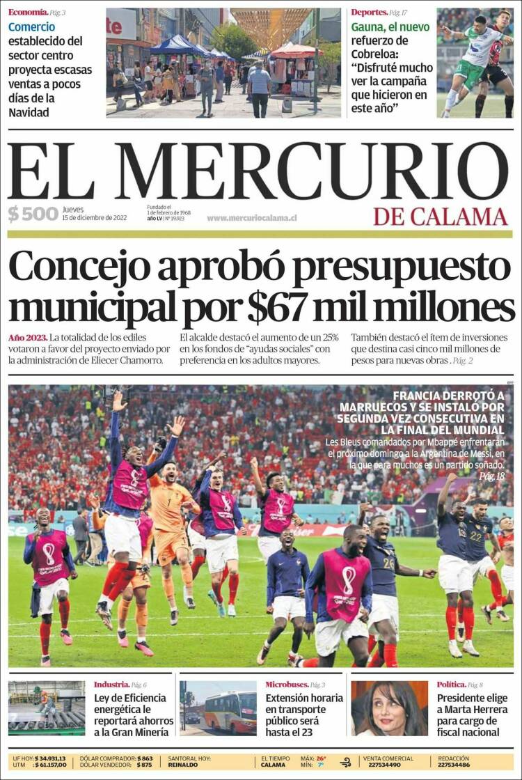Portada de El Mercurio - Calama (Chile)