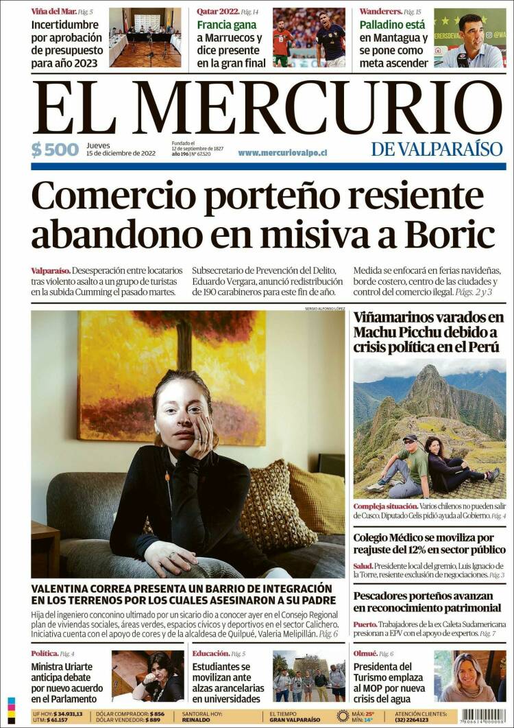 Portada de Mercurio de Valparaiso (Chile)