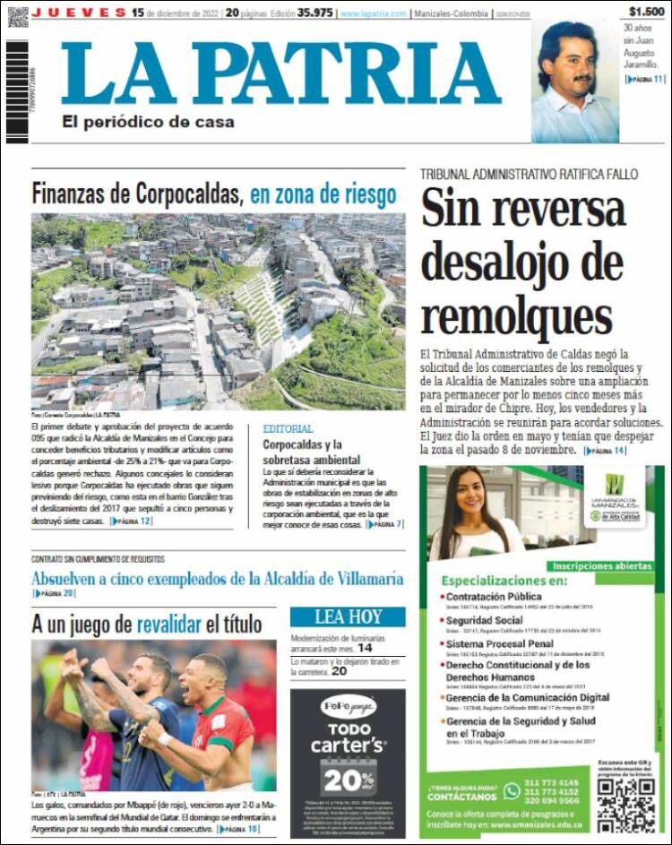 Portada de La Patria (Colombia)