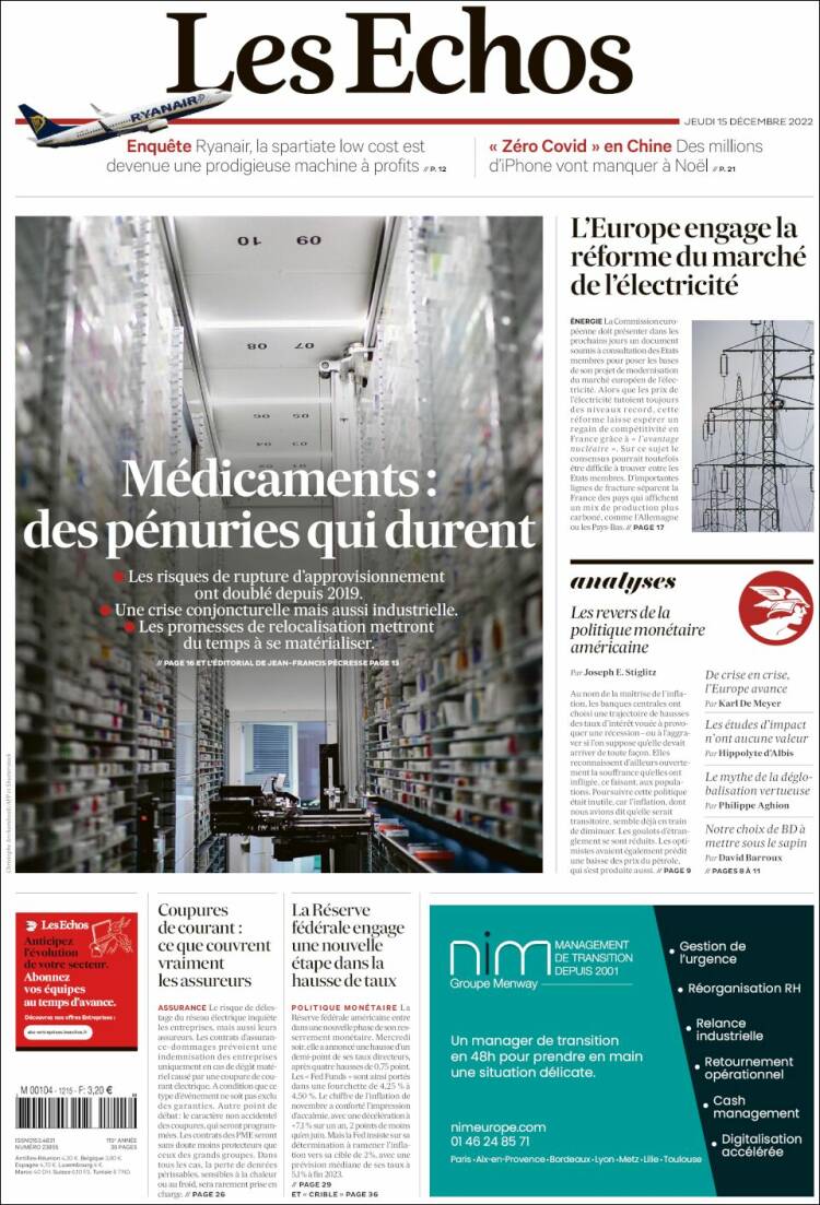 Portada de Les Echos (Francia)