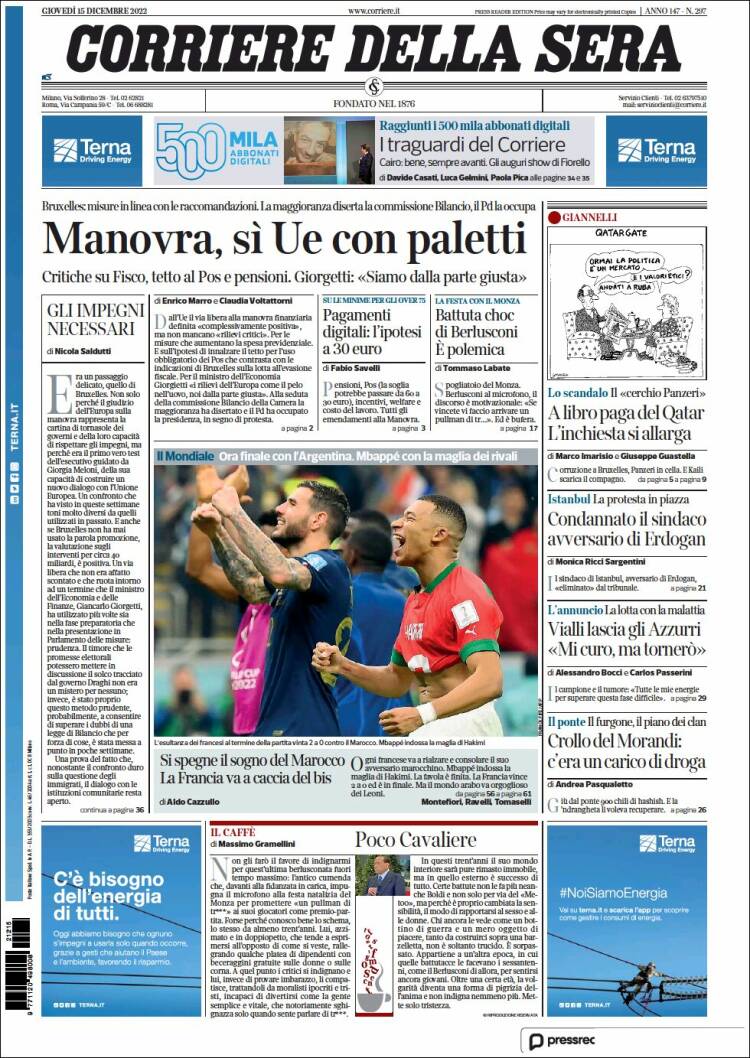 Portada de Corriere della Sera (Italia)