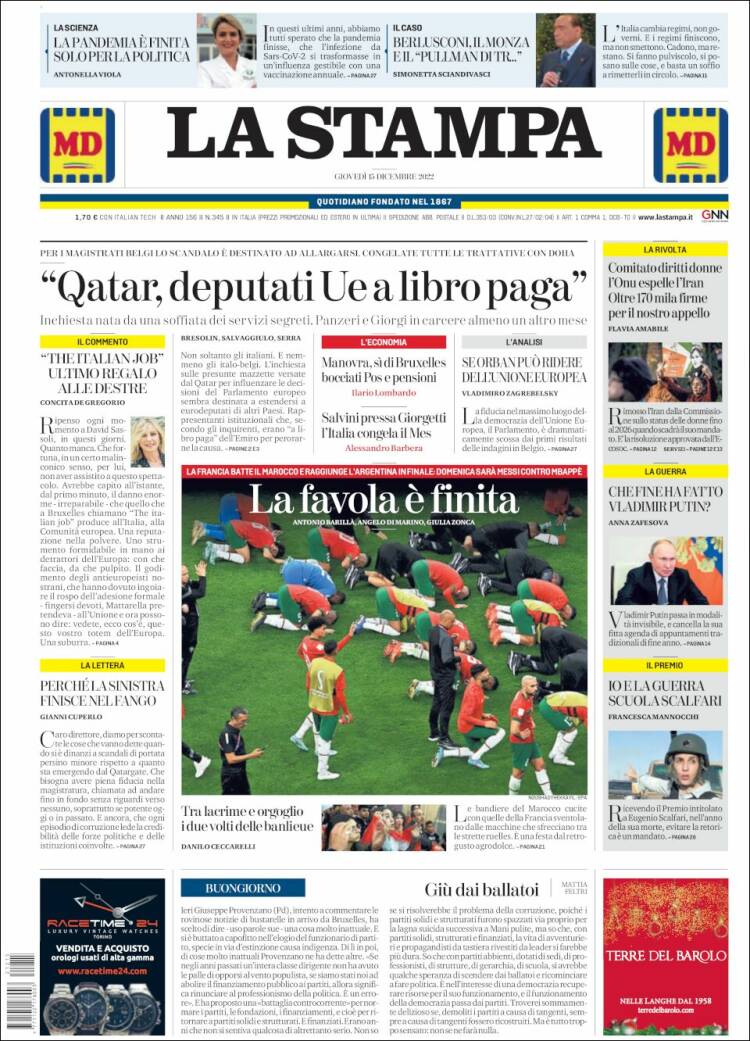 Portada de La Stampa (Italia)