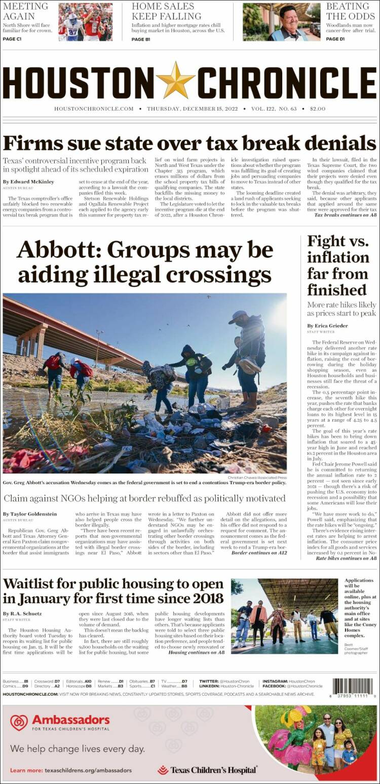 Portada de Houston Chronicle (USA)