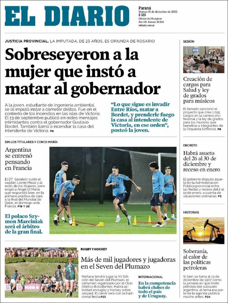 Portada de El Diario de Paraná (Argentina)