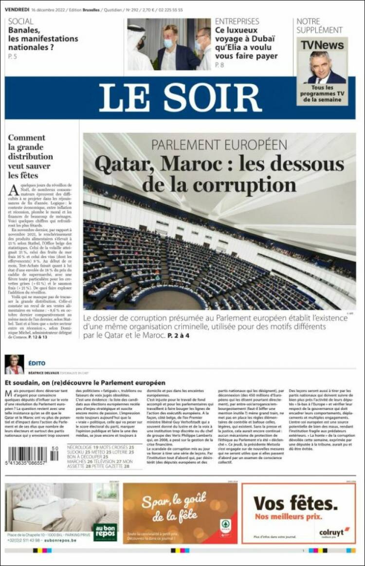 Portada de Le Soir (B&eacute;lgica)