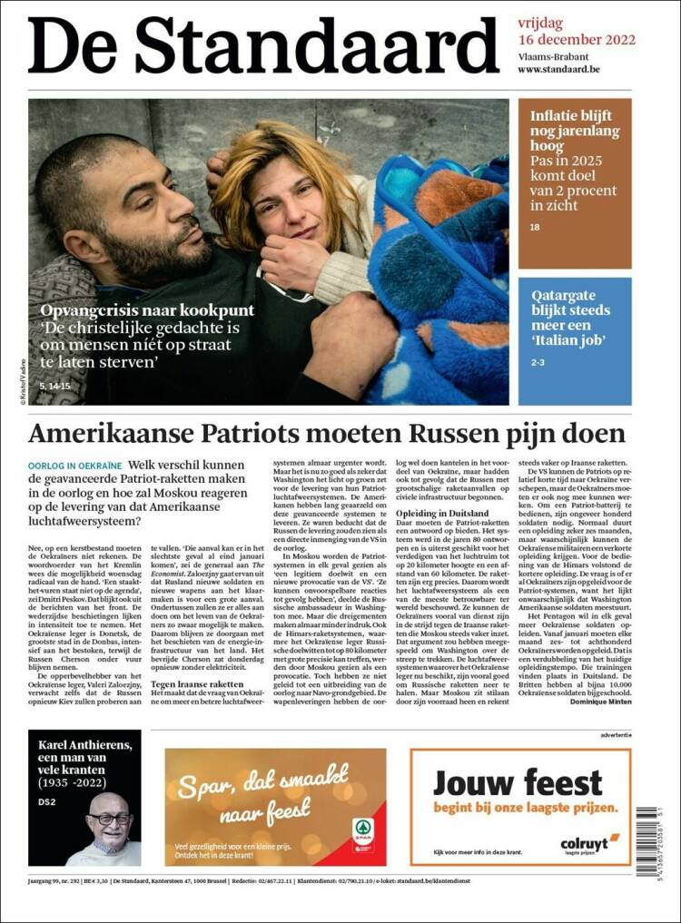 Portada de De Standaard (B&eacute;lgica)