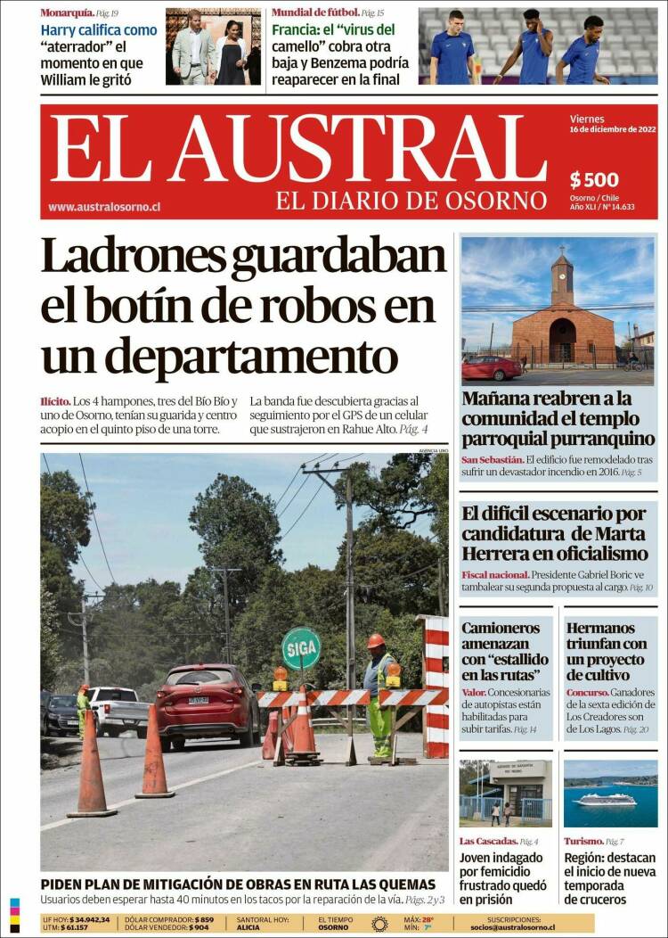 Portada de El Austral de Osorno (Chile)