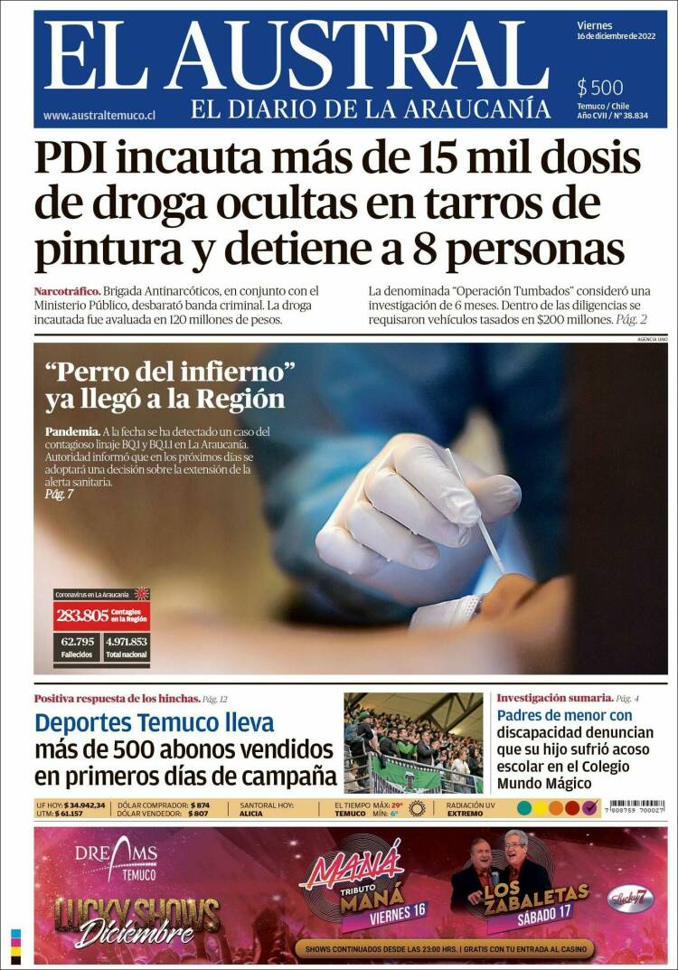 Portada de El Austral de Temuco (Chile)