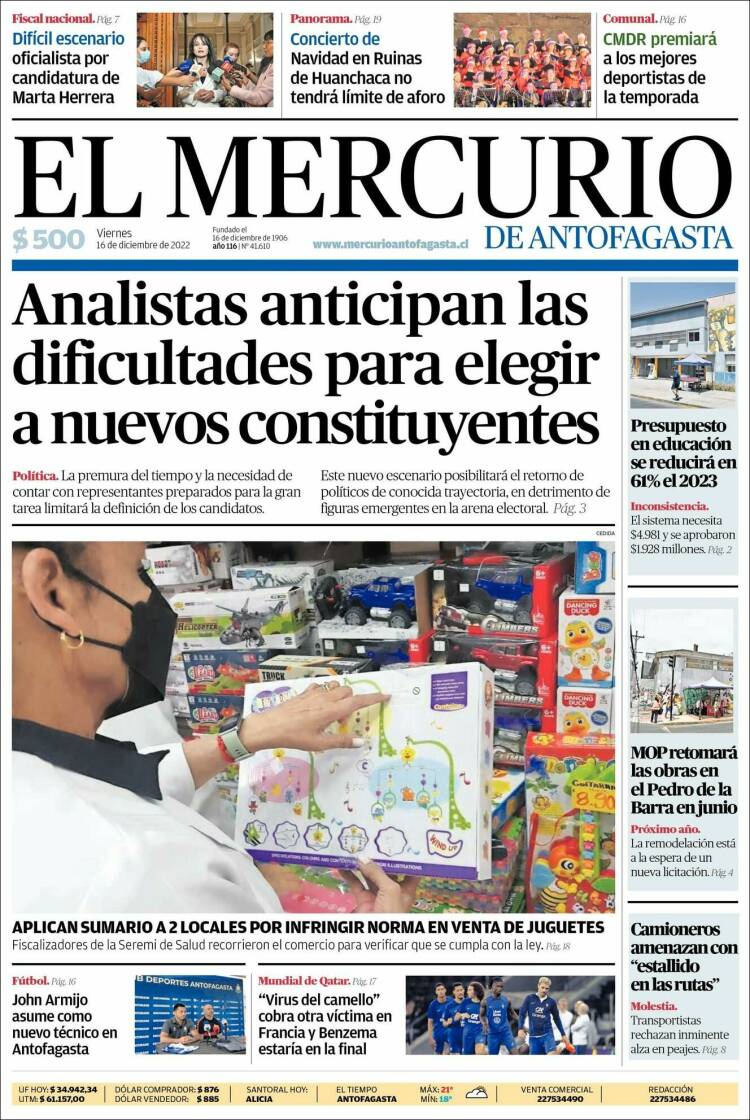 Portada de El Mercurio de Antofagasta (Chile)