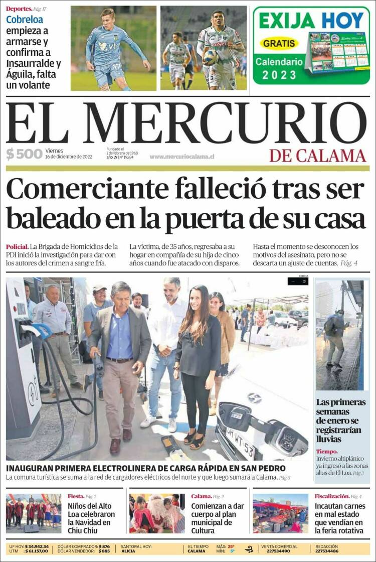Portada de El Mercurio - Calama (Chile)