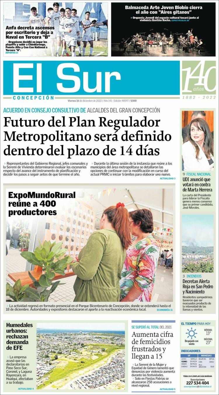 Portada de El Sur (Chile)