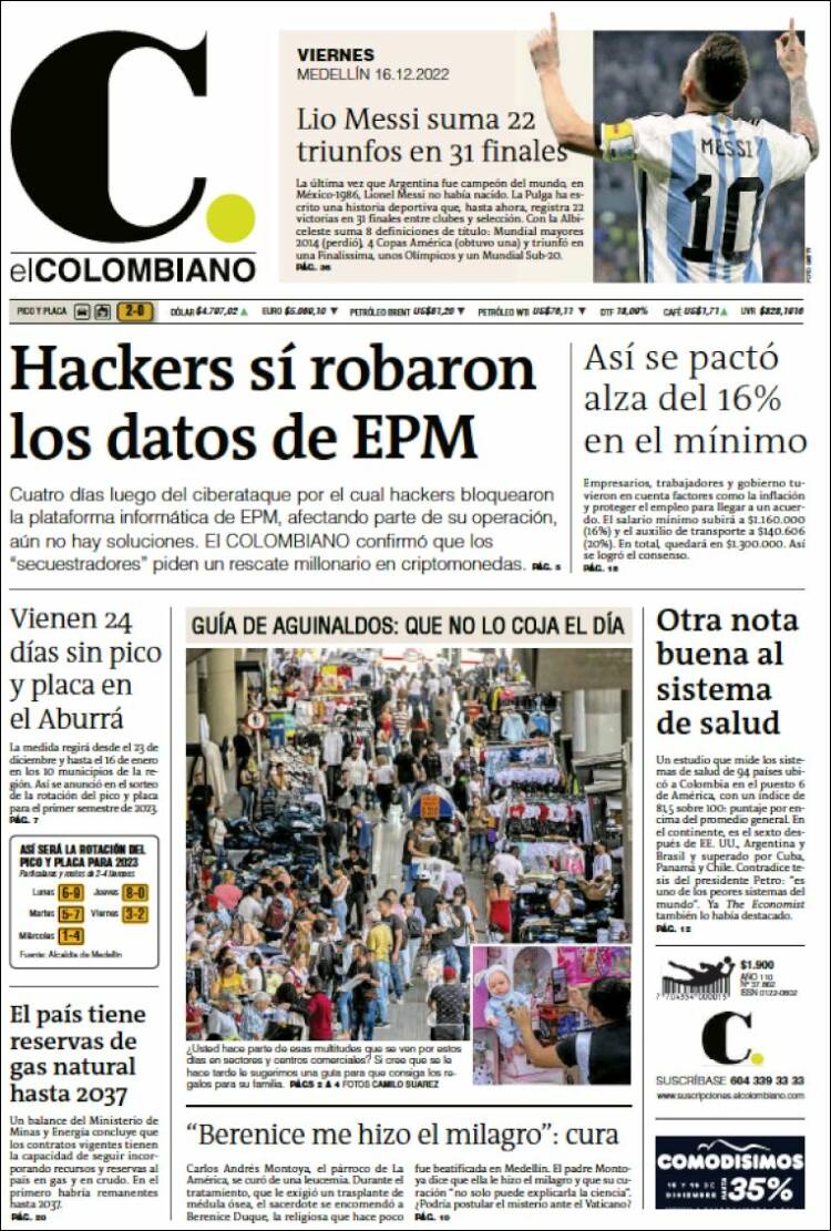 Portada de El Colombiano (Colombia)