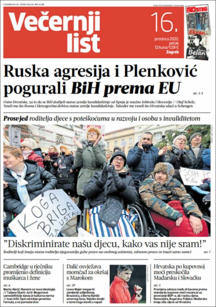 Portada de Večernji (Croacia)