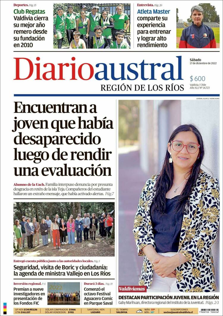 Portada de El Diario Austral de Valdivia (Chile)