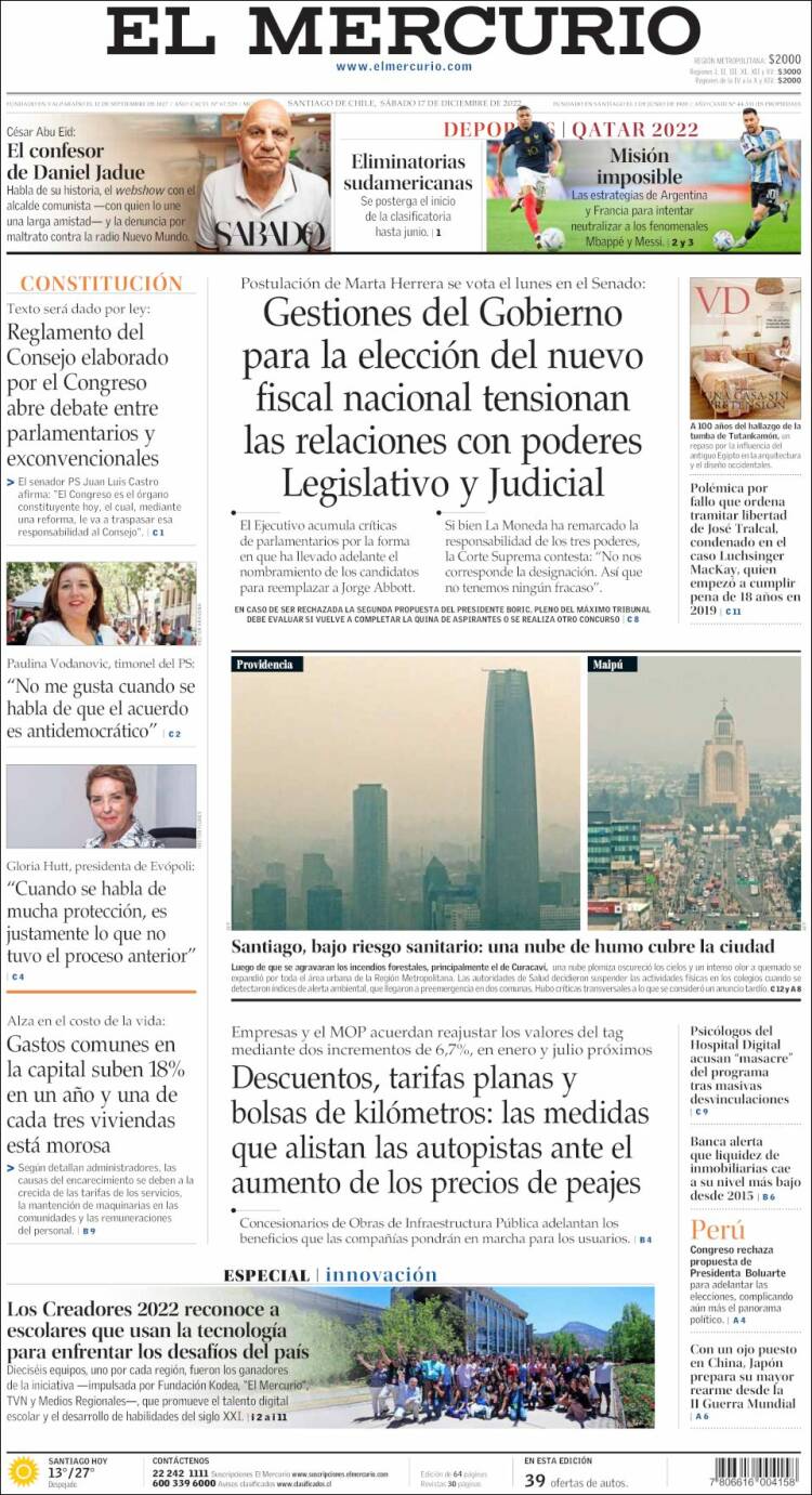 Portada de El Mercurio (Chile)