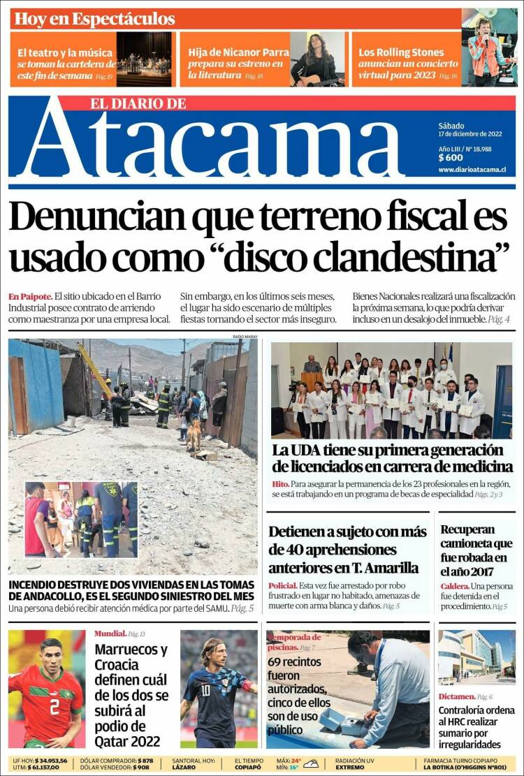 Portada de Diario de Atacama (Chile)