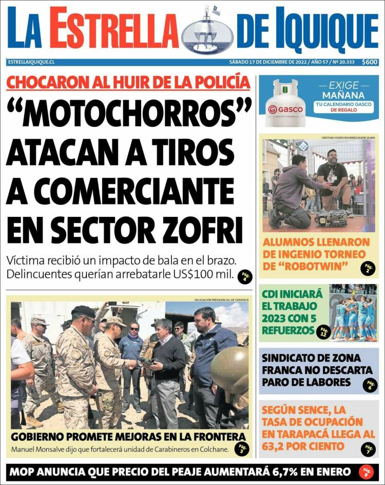 Portada de La Estrella de Iquique (Chile)