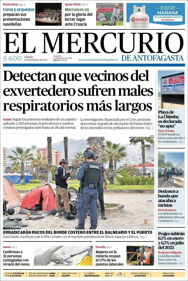 Portada de El Mercurio de Antofagasta (Chile)