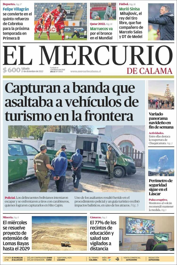 Portada de El Mercurio - Calama (Chile)