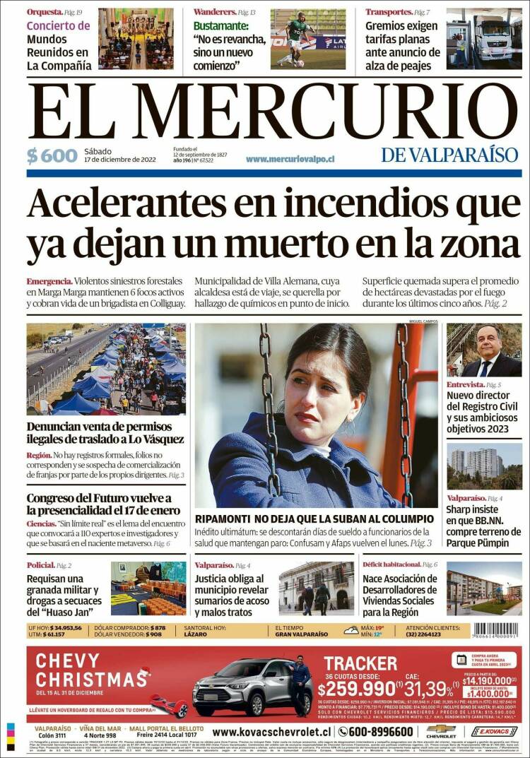 Portada de Mercurio de Valparaiso (Chile)