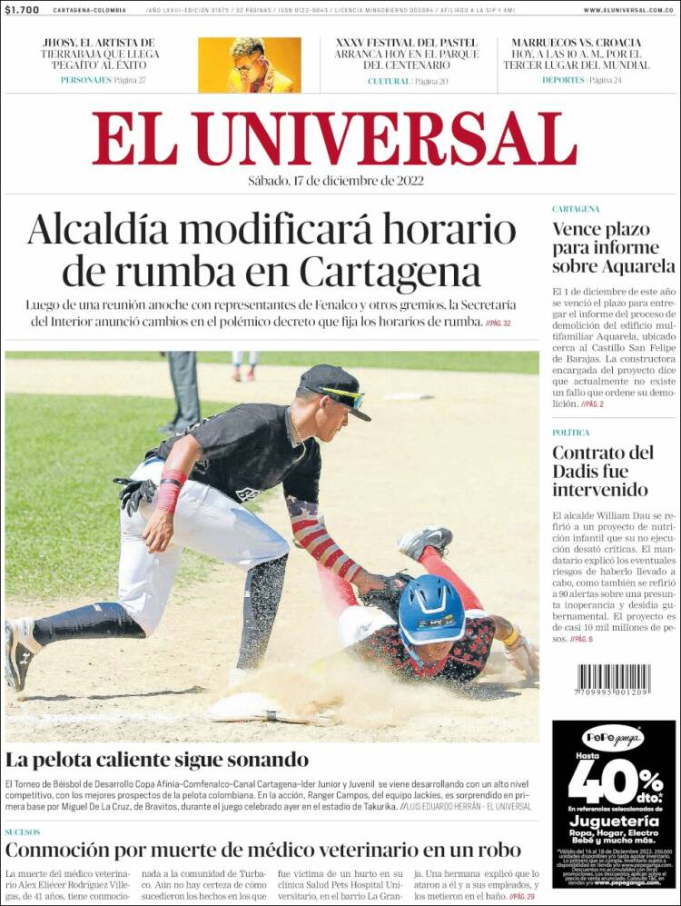 Portada de El Universal (Colombia)