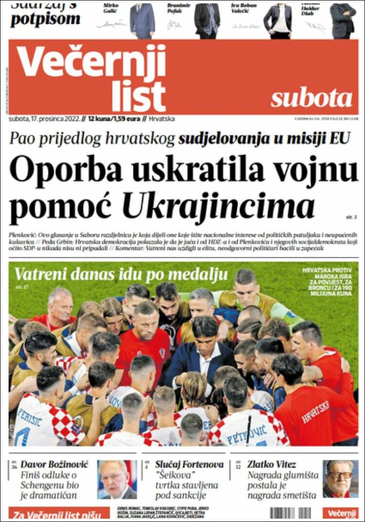 Portada de Večernji (Croacia)