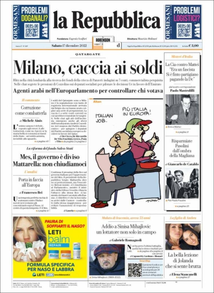 Portada de La Repubblica (Italia)