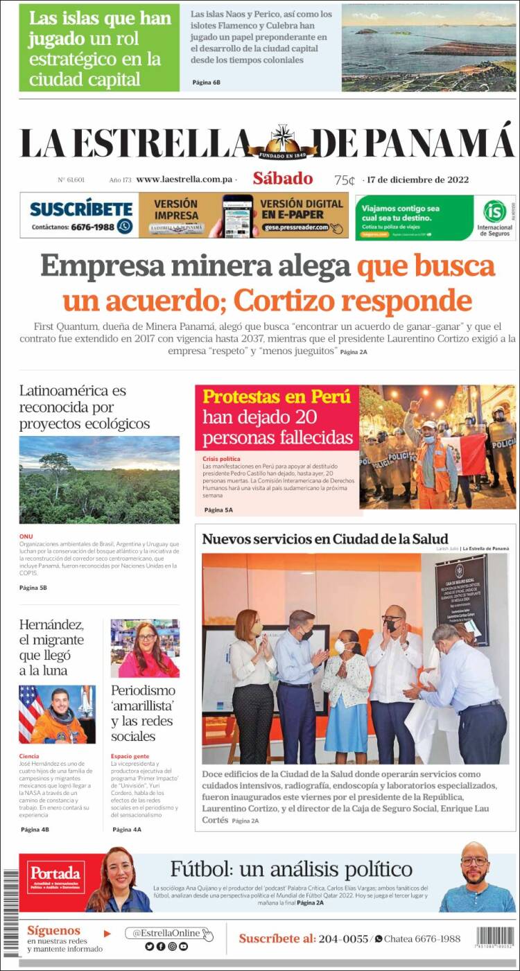 Portada de La Estrella de Panamá (Panam&aacute;)