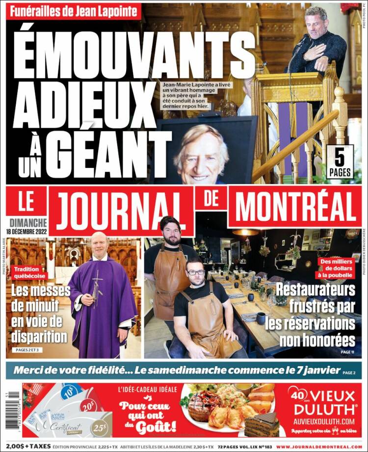 Portada de Le Journal de Montréal (Canada)