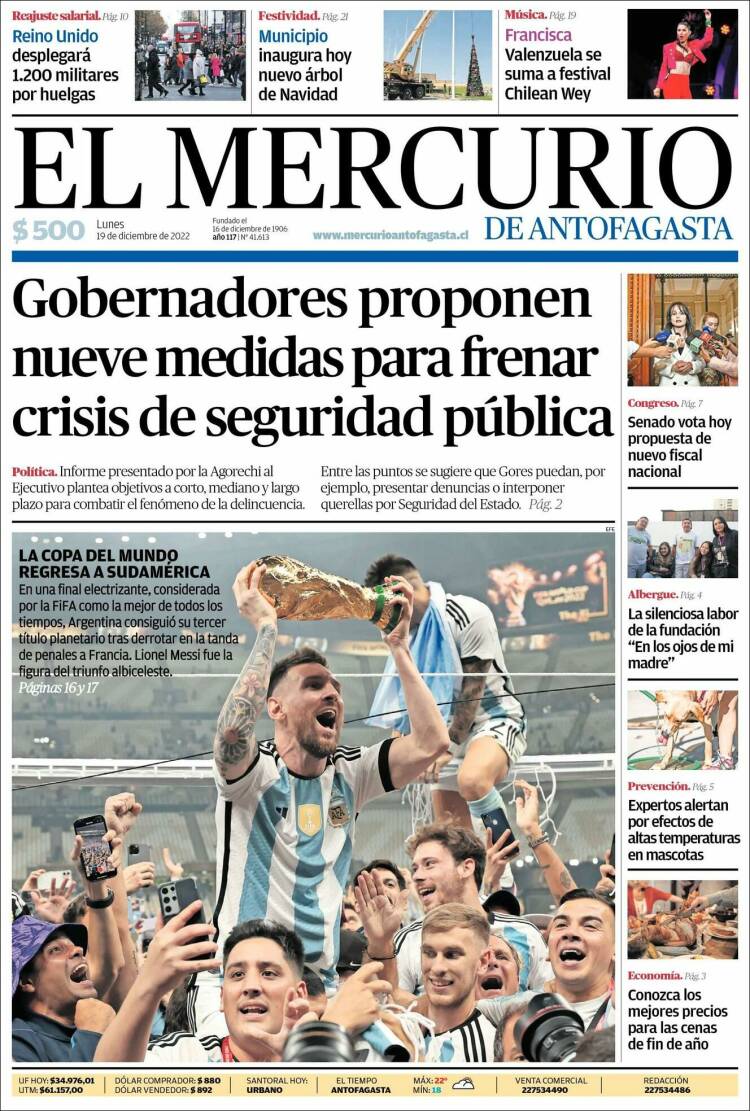 Portada de El Mercurio de Antofagasta (Chili)