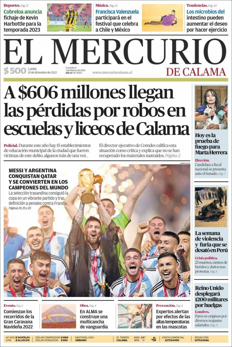 Portada de El Mercurio - Calama (Chili)