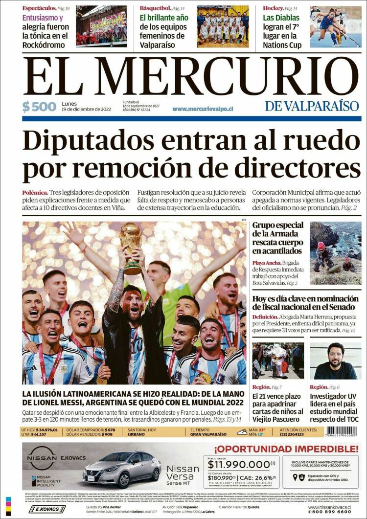 Portada de Mercurio de Valparaiso (Chile)