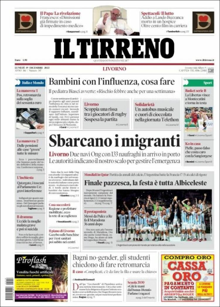 Portada de Il Tirreno (Italie)