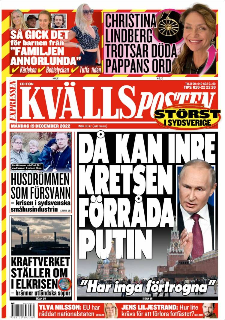 Portada de Kvällsposten (Suecia)