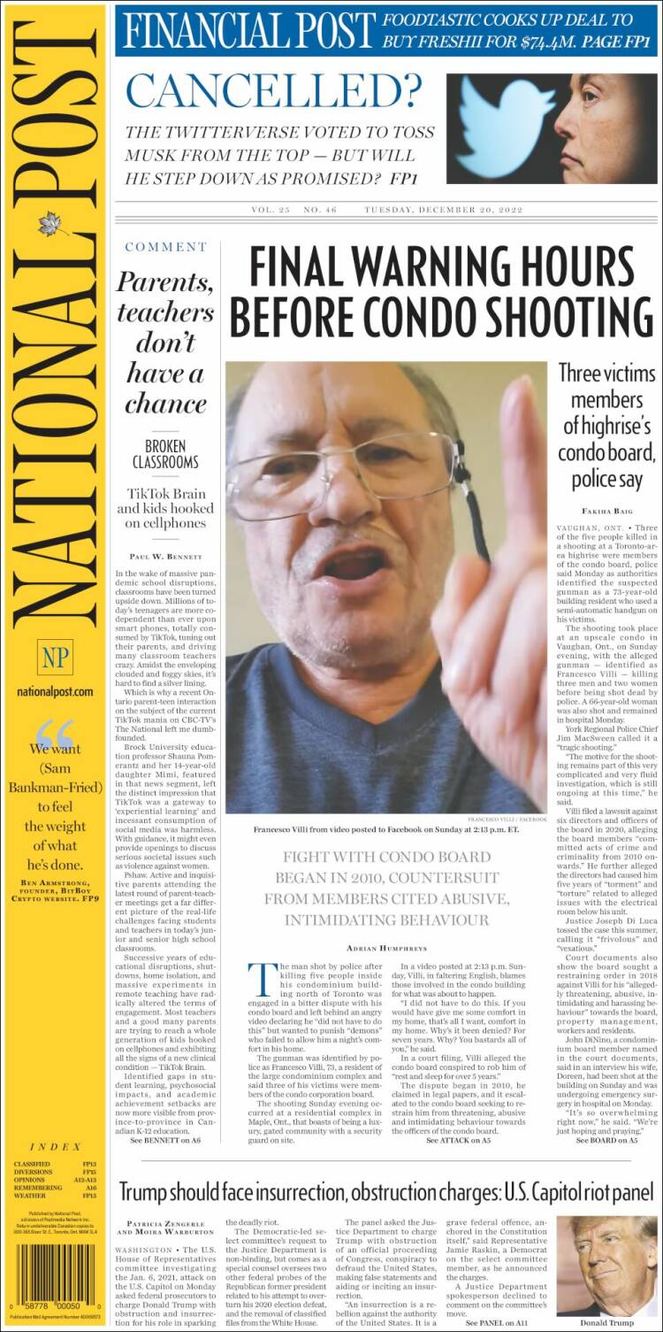 Portada de The National Post (Canada)