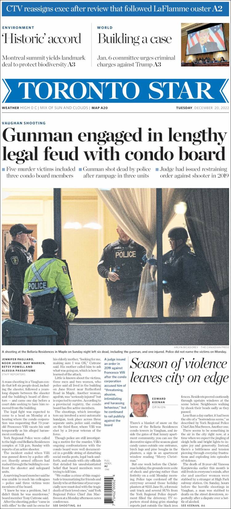 Portada de The Toronto Star (Canada)