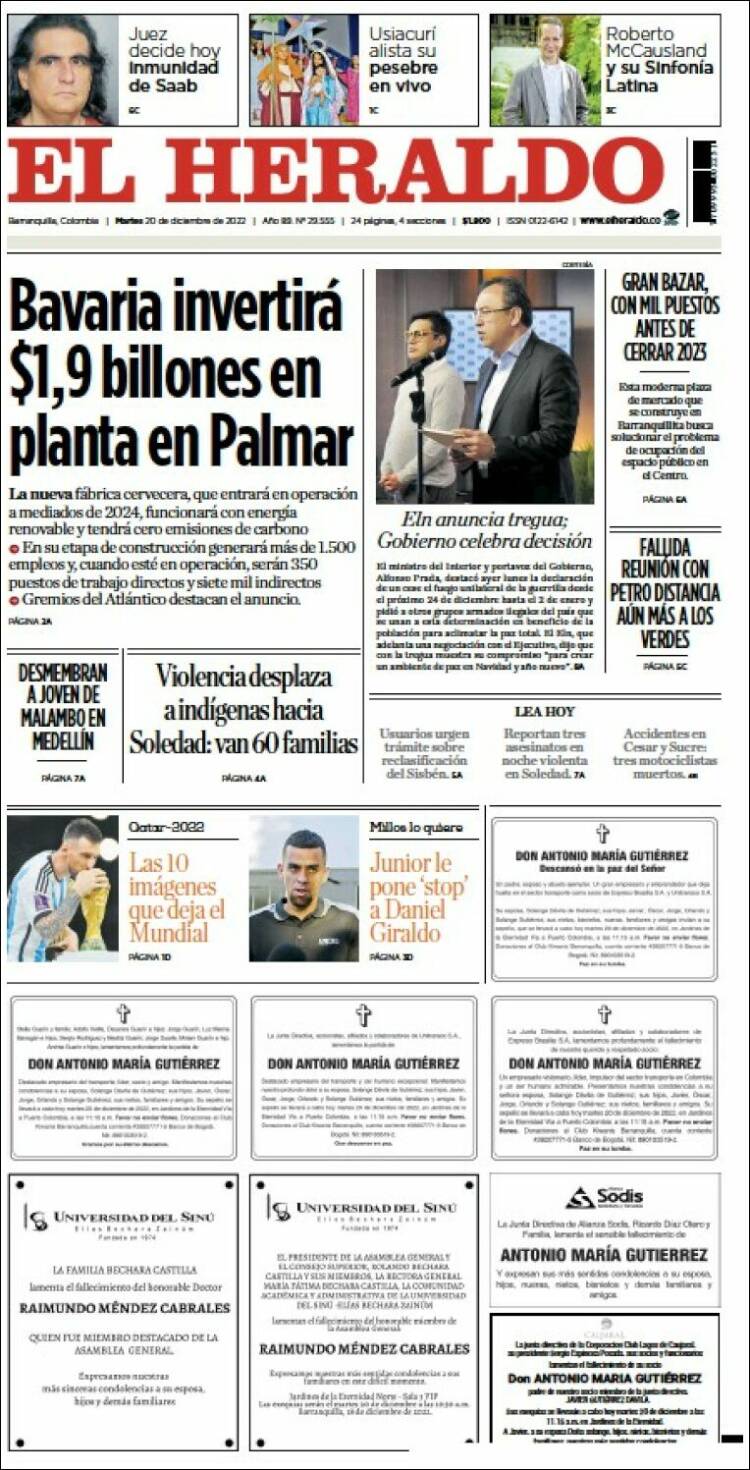 Portada de El Heraldo (Colombia)